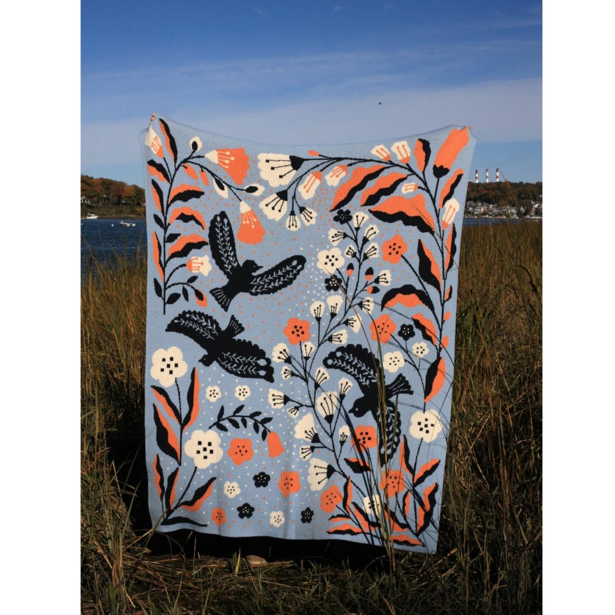 Blue / Brown / White Merino Wool Blue Birds Throw Blanket Jessie Zhao New York – image 5