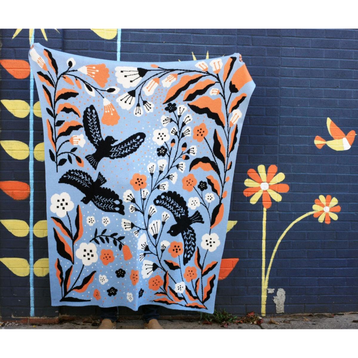 Blue / Brown / White Merino Wool Blue Birds Throw Blanket Jessie Zhao New York – image 6