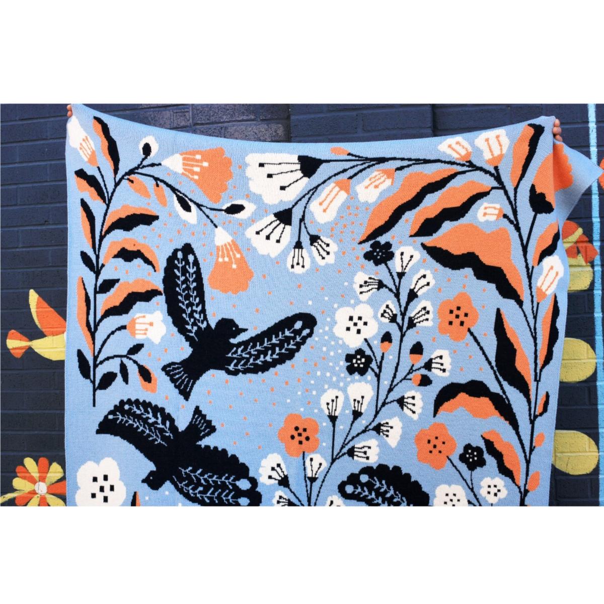 Blue / Brown / White Merino Wool Blue Birds Throw Blanket Jessie Zhao New York – image 7