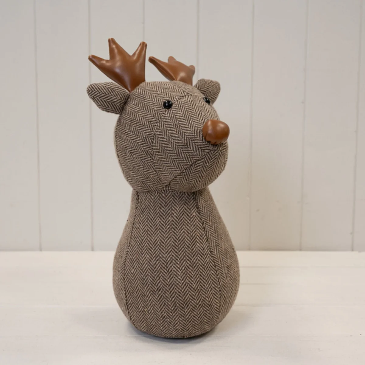 Brown Herringbone Fabric Reindeer Head Doorstop - Brown – image 1