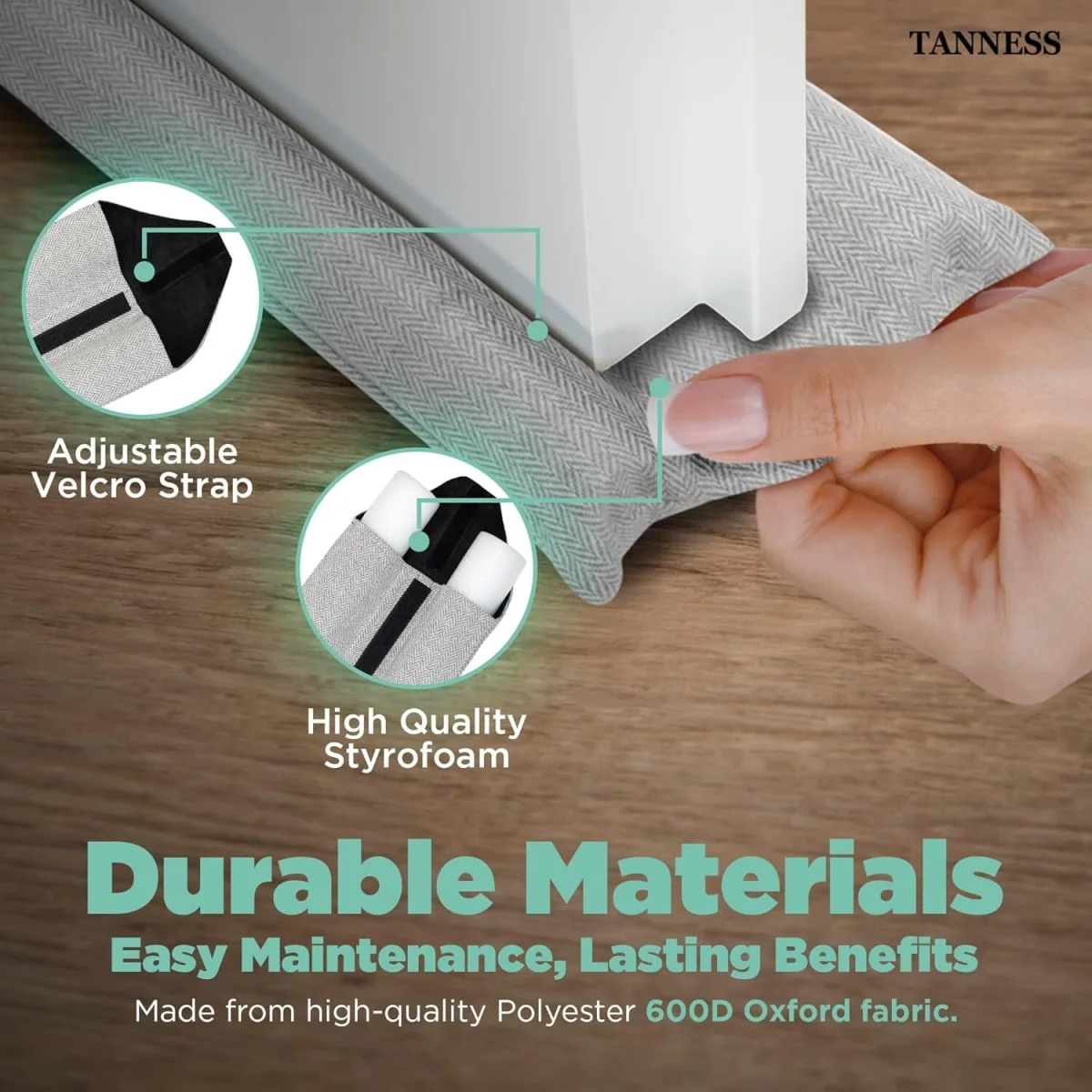Tanness Door Draft Excluder Double Sided 70-90cm for Doors and Windows - Light Grey – image 2