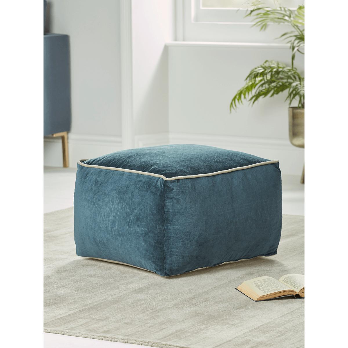 Velvet Piped Square Pouffe - Dusky Blue