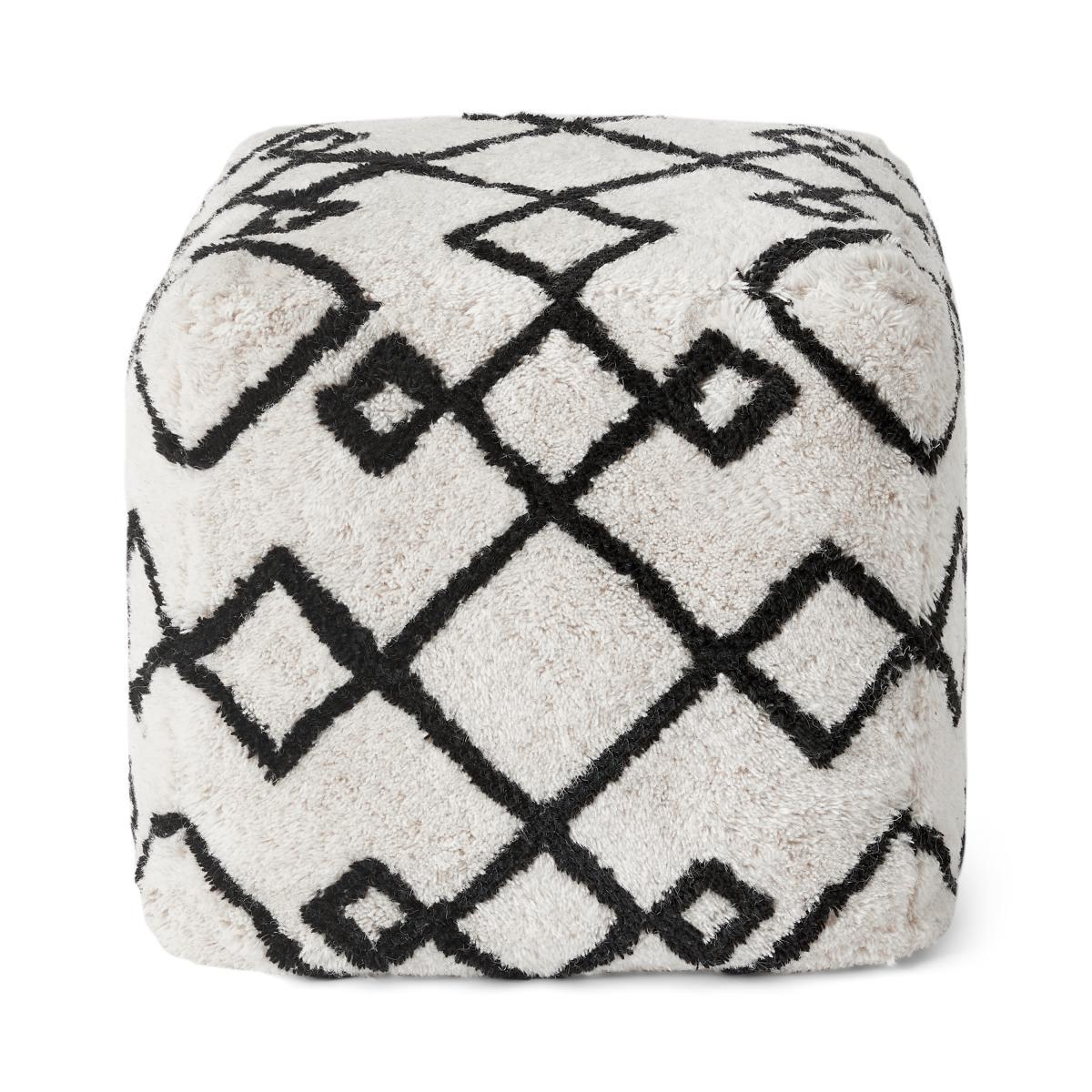 Fes 100% Wool Tufted Pouffe, Off White & Black – image 2