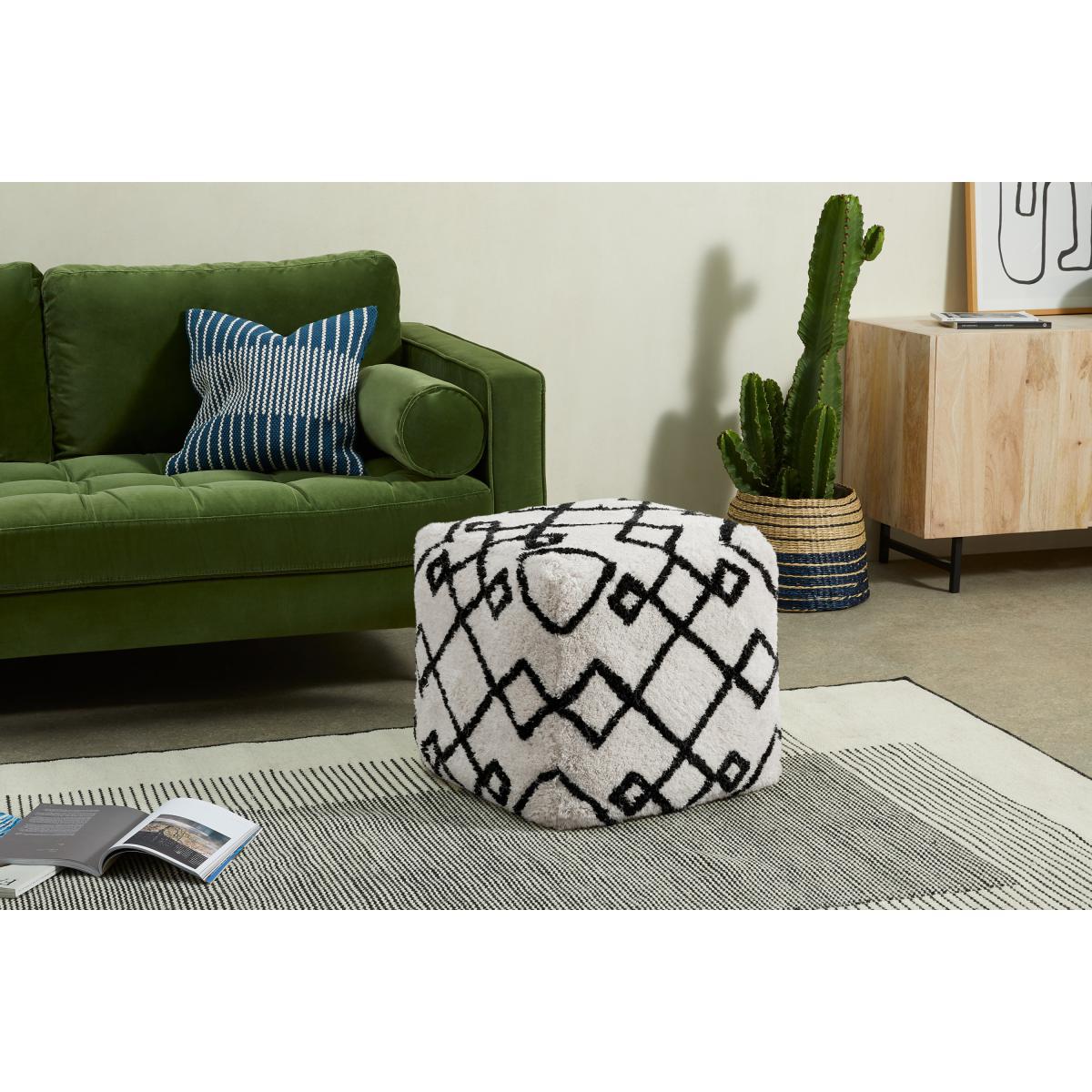 Fes 100% Wool Tufted Pouffe, Off White & Black – image 4