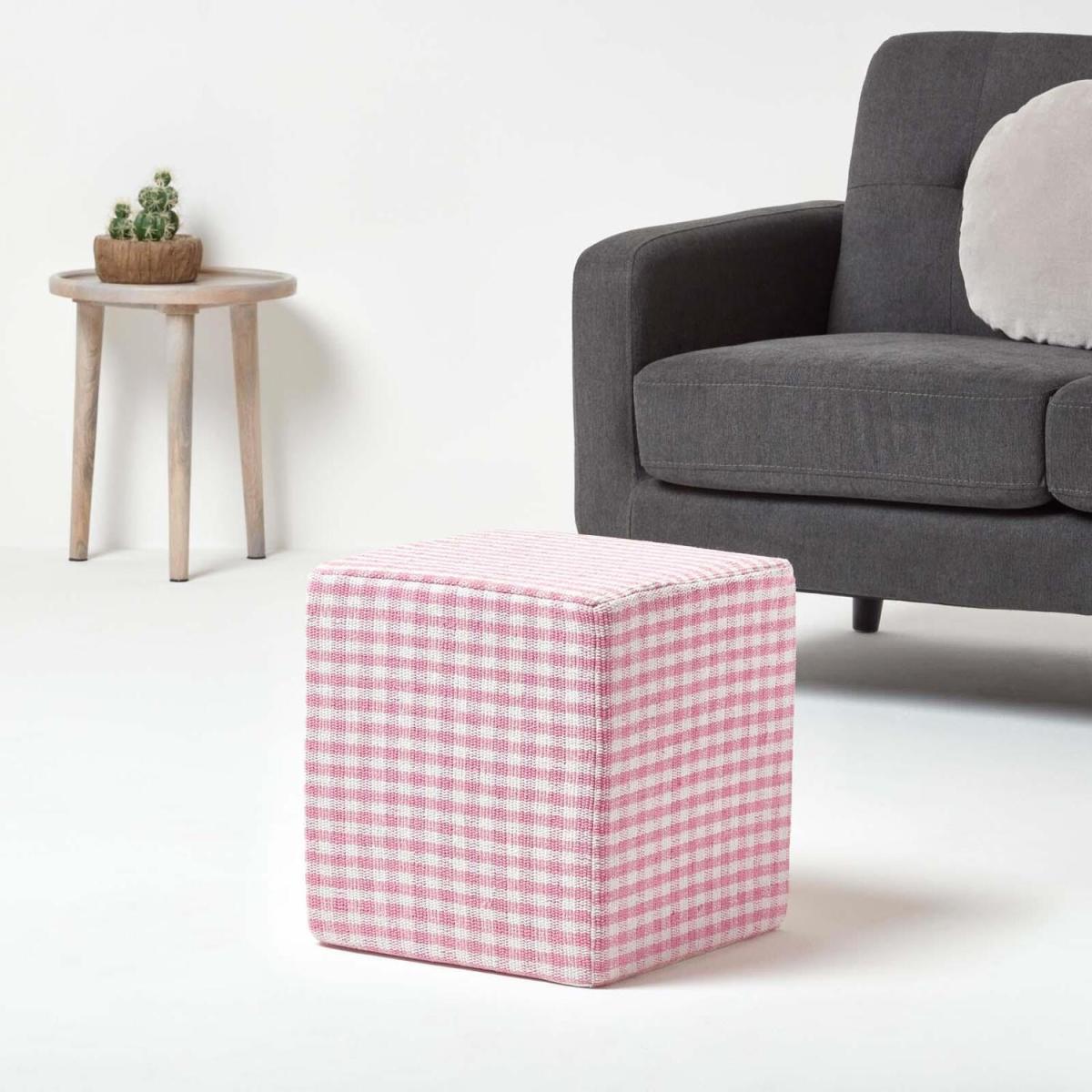 Gingham Check Cotton Cube Pouffe - Pink – image 3