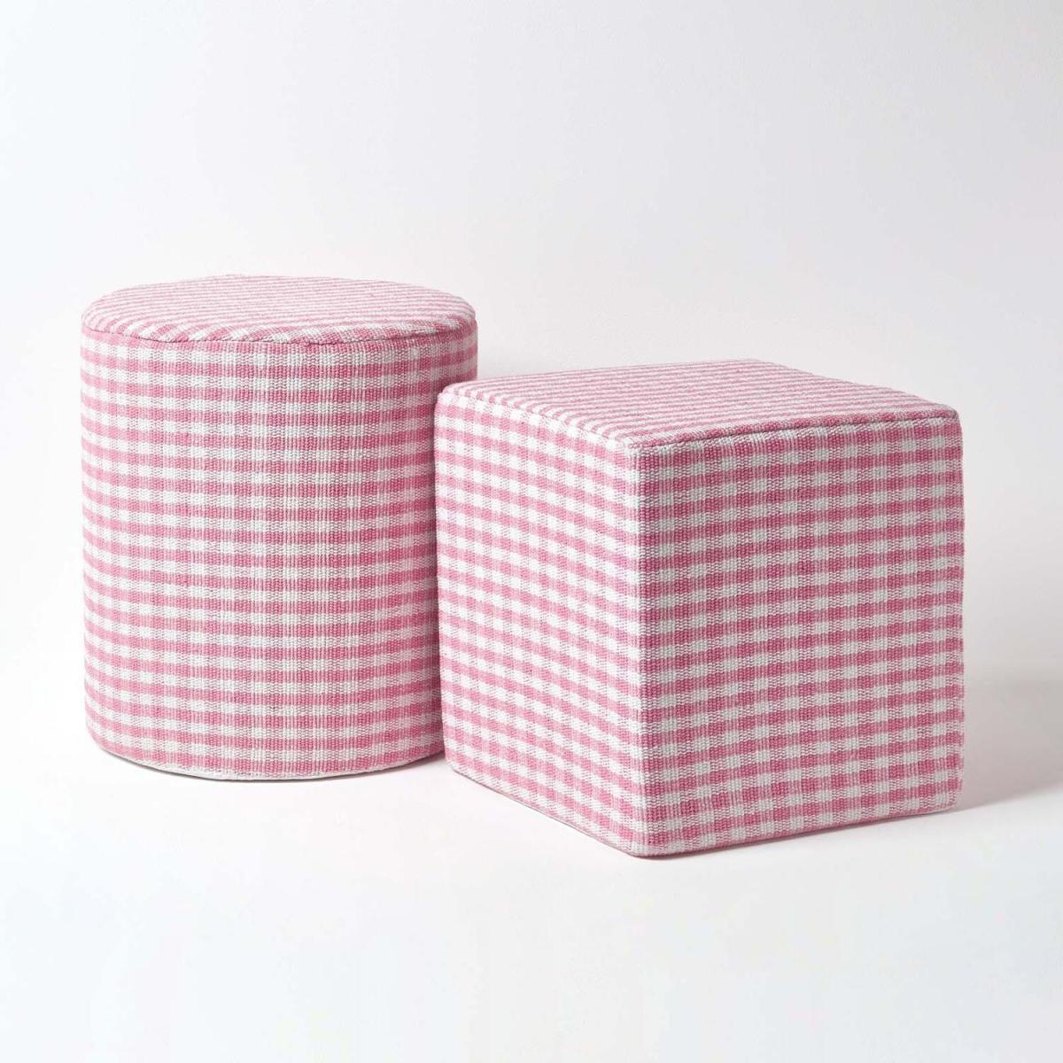 Gingham Check Cotton Cube Pouffe - Pink – image 4