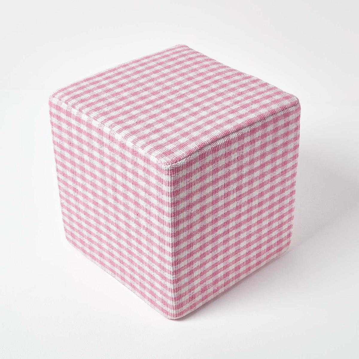 Gingham Check Cotton Cube Pouffe - Pink – image 1