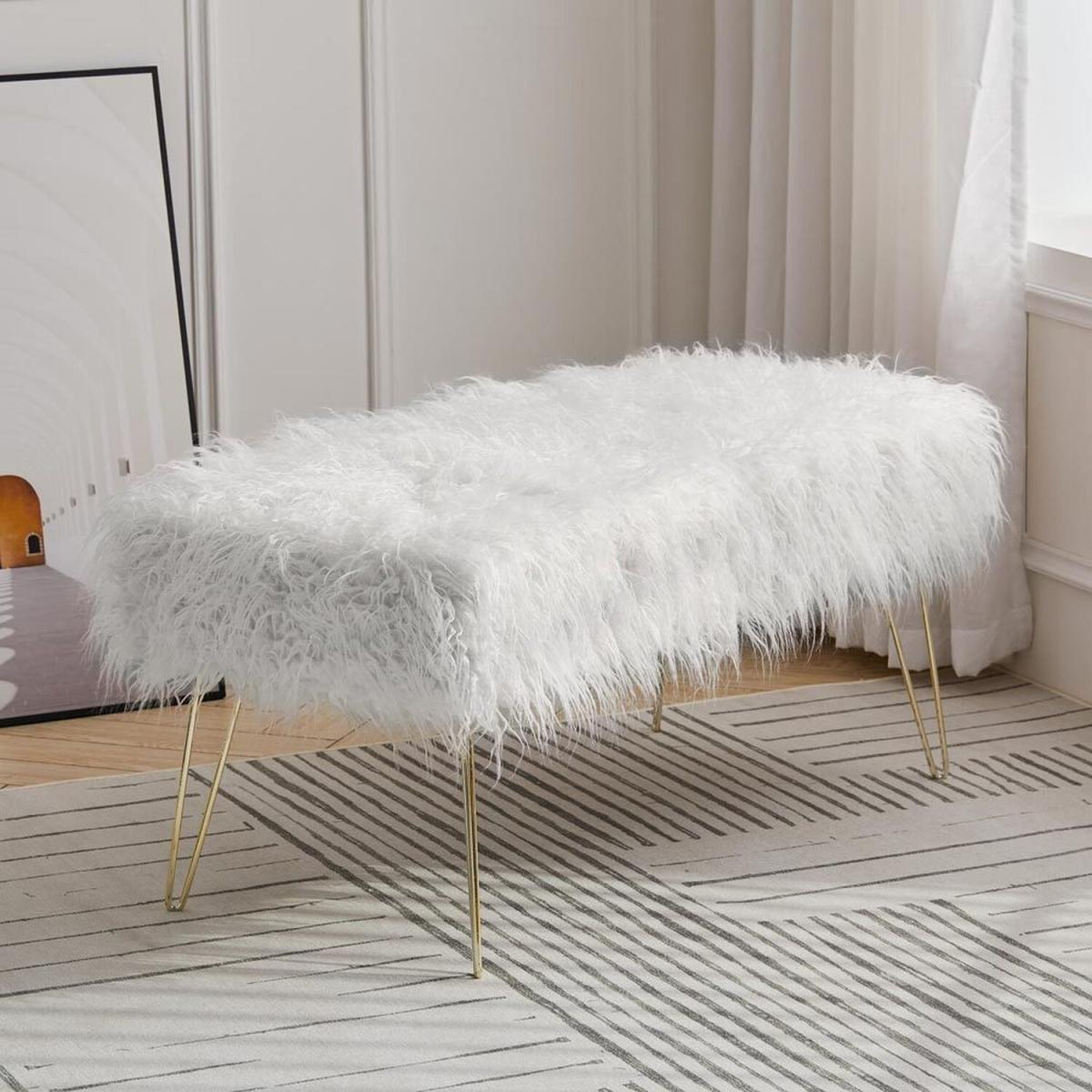 Modern Fluffy Bench Pouffe Stool - White – image 2