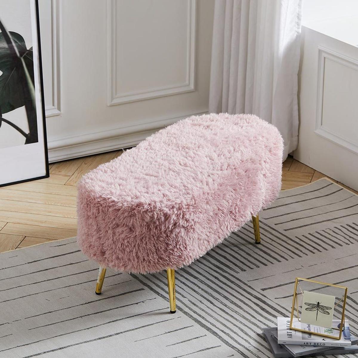 Modern Fluffy Bench Pouffe Stool - White – image 13