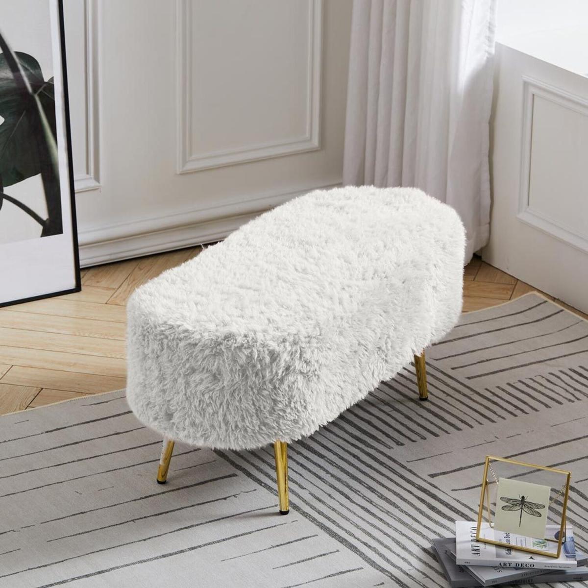 Modern Fluffy Bench Pouffe Stool - White – image 17