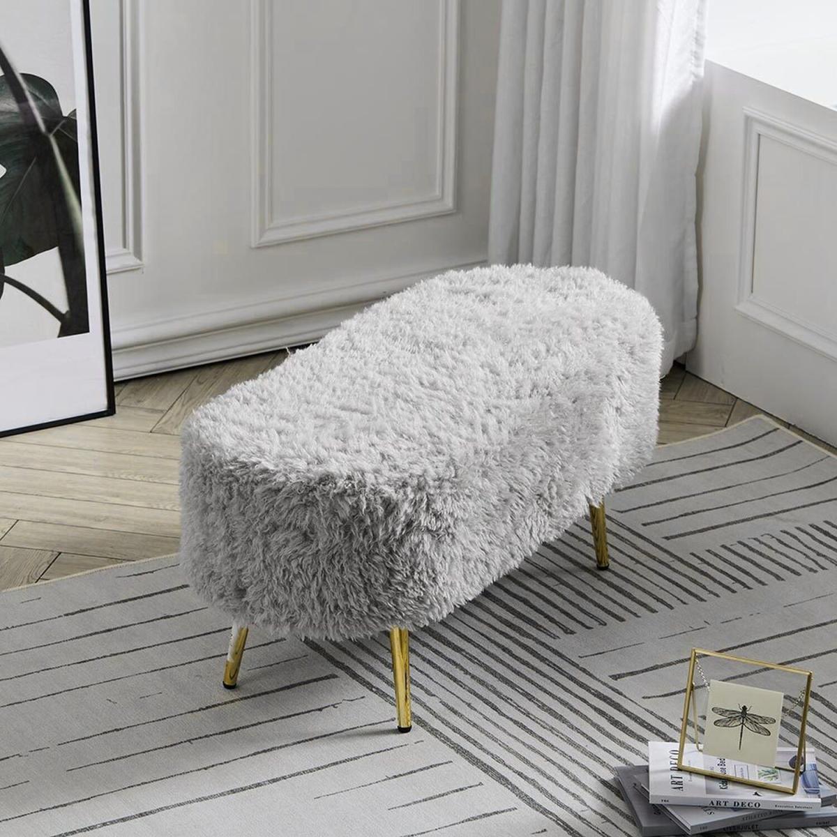 Modern Fluffy Bench Pouffe Stool - White – image 21