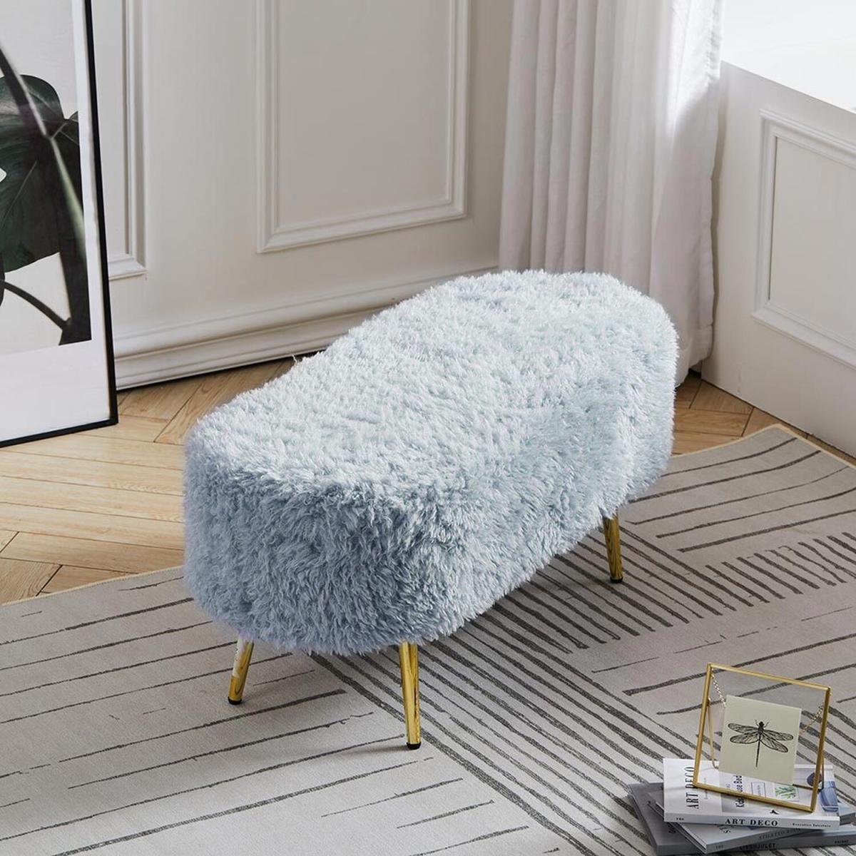 Modern Fluffy Bench Pouffe Stool - White – image 26