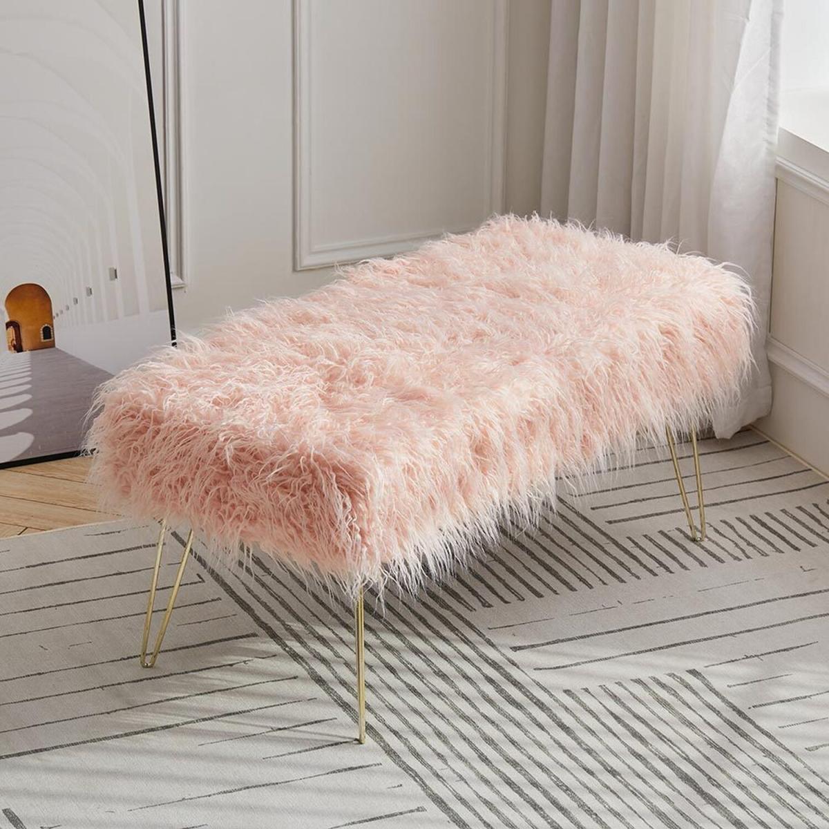 Modern Fluffy Bench Pouffe Stool - White – image 31
