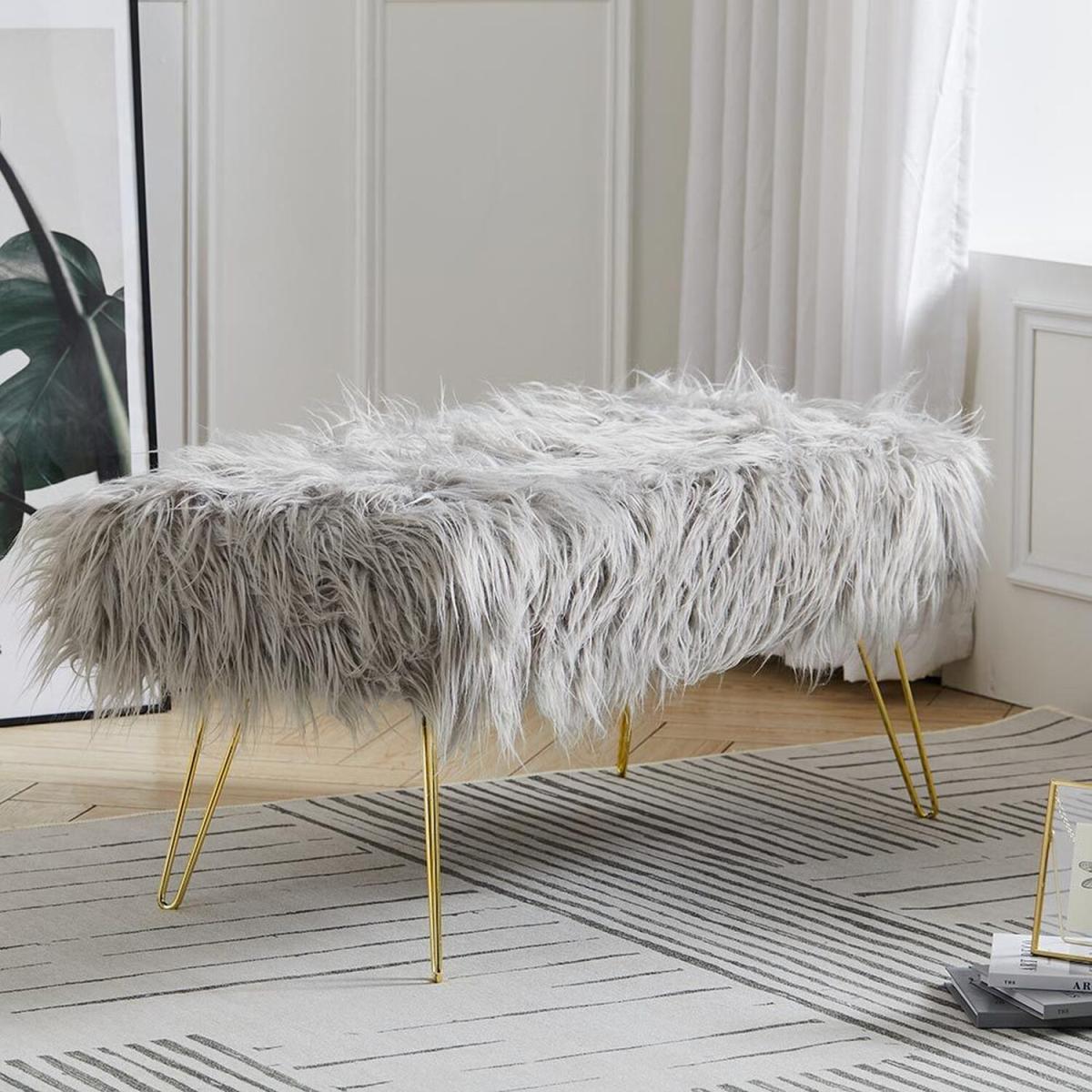 Modern Fluffy Bench Pouffe Stool - White – image 34