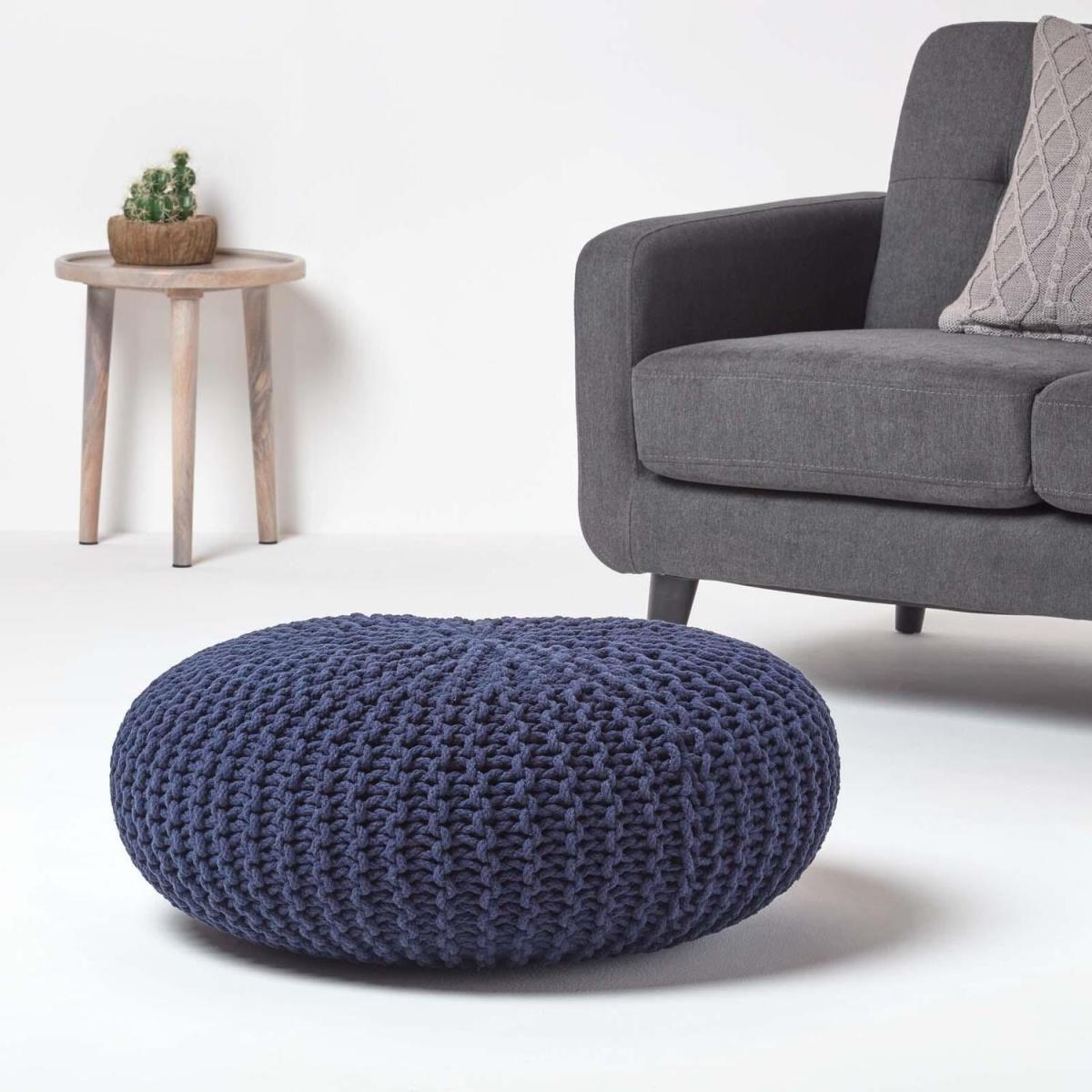 Round Cotton Knitted Pouffe - Navy / 70cm – image 3