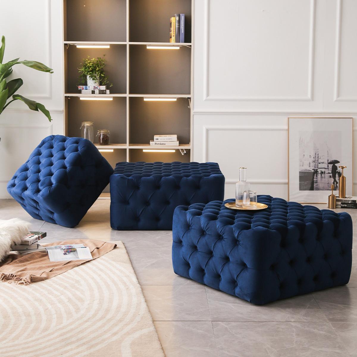 Velvet Buttoned Pouffe - Blue / 92cm – image 1