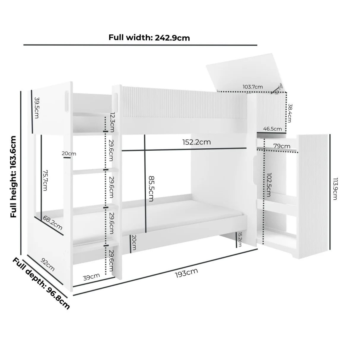 White Ribbed Detail Bunk Bed with Storage - Riya – image 4