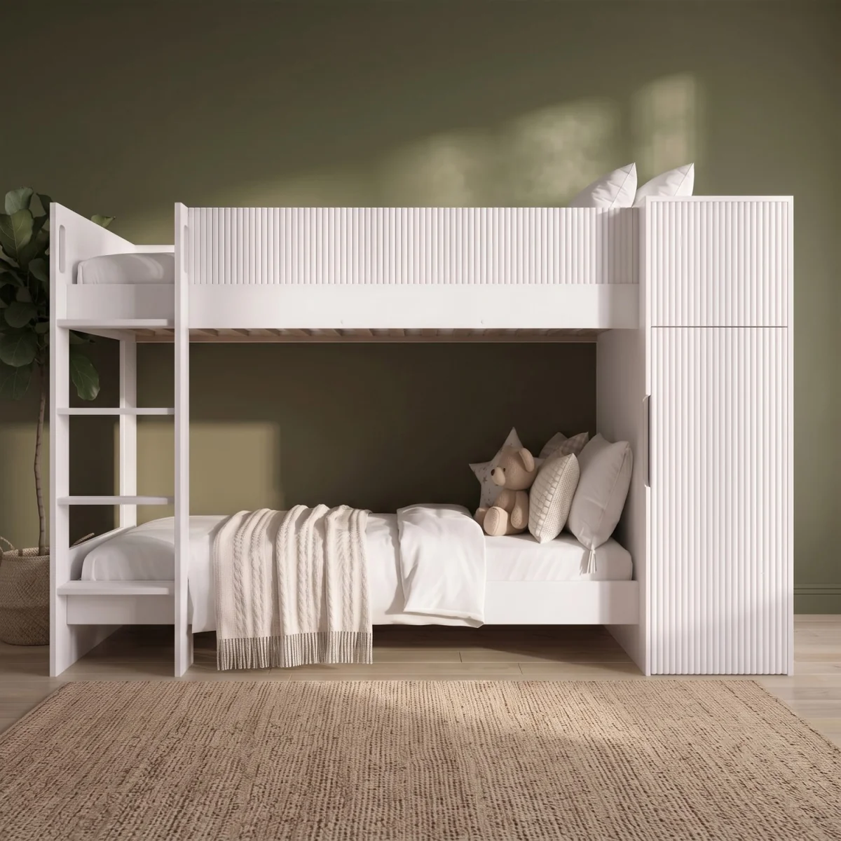 White Ribbed Detail Bunk Bed with Storage - Riya – image 1