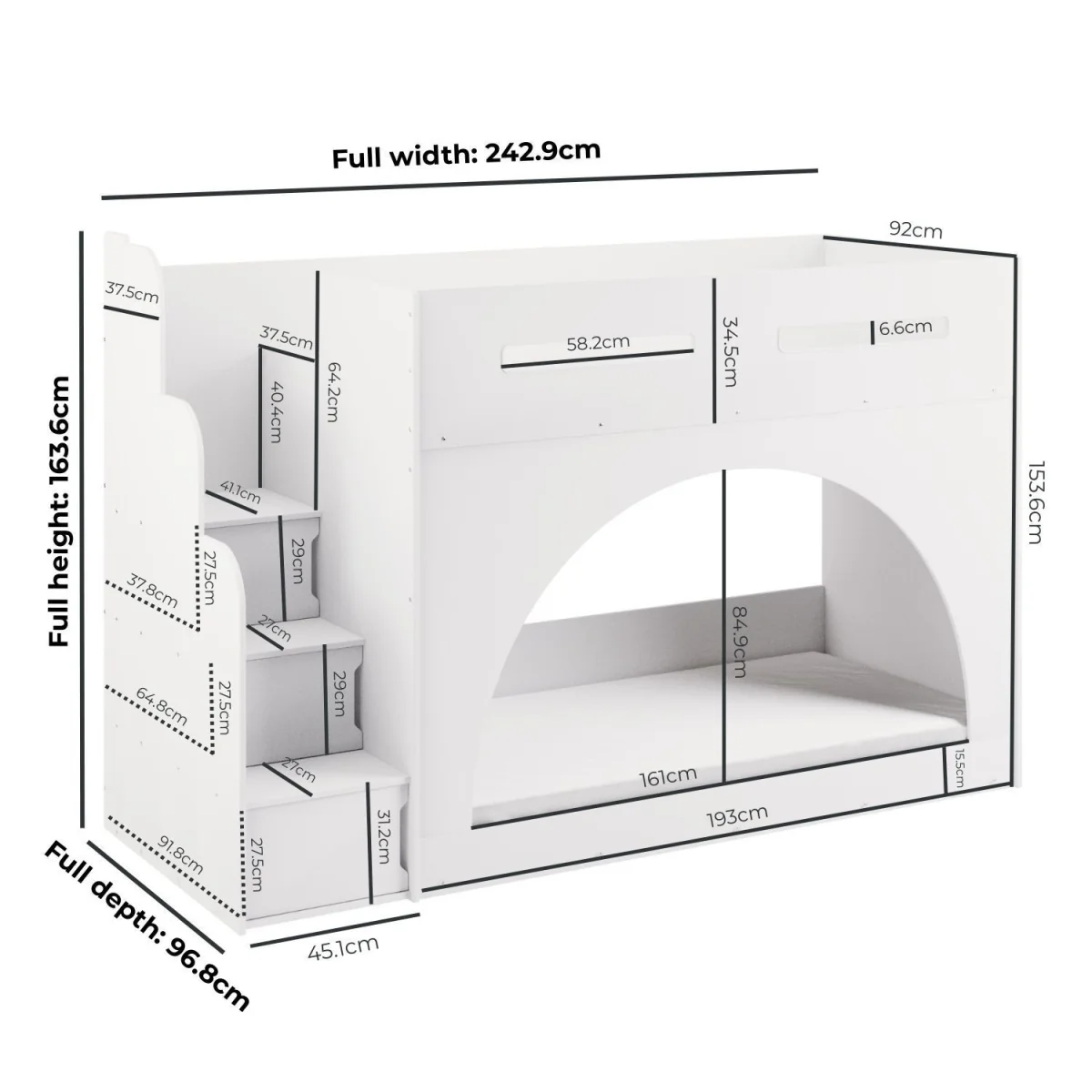 White Bunk Bed with Stairs and Storage - Rossa – image 4