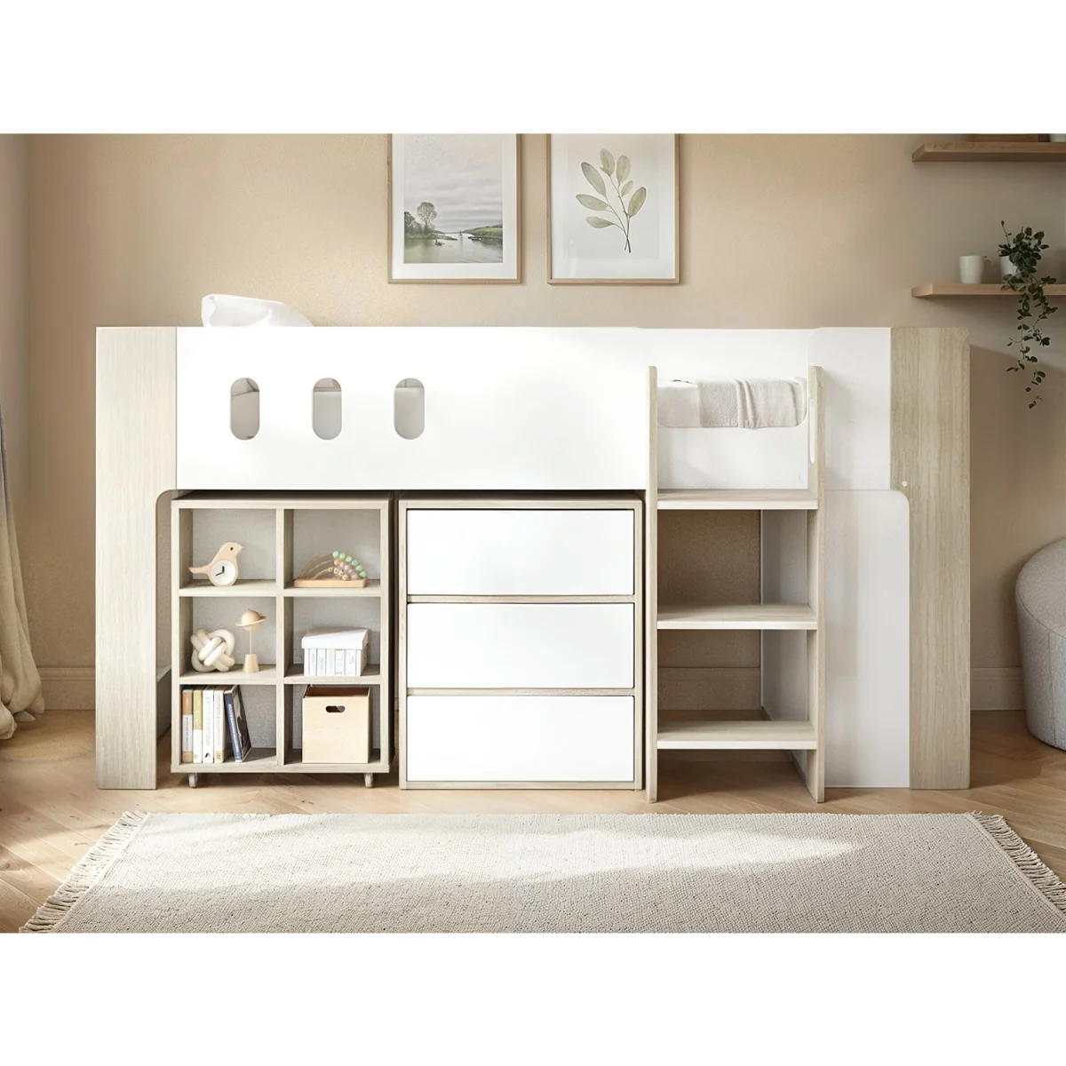 Willow Mid Sleeper with Desk & Storage White & Oak - White