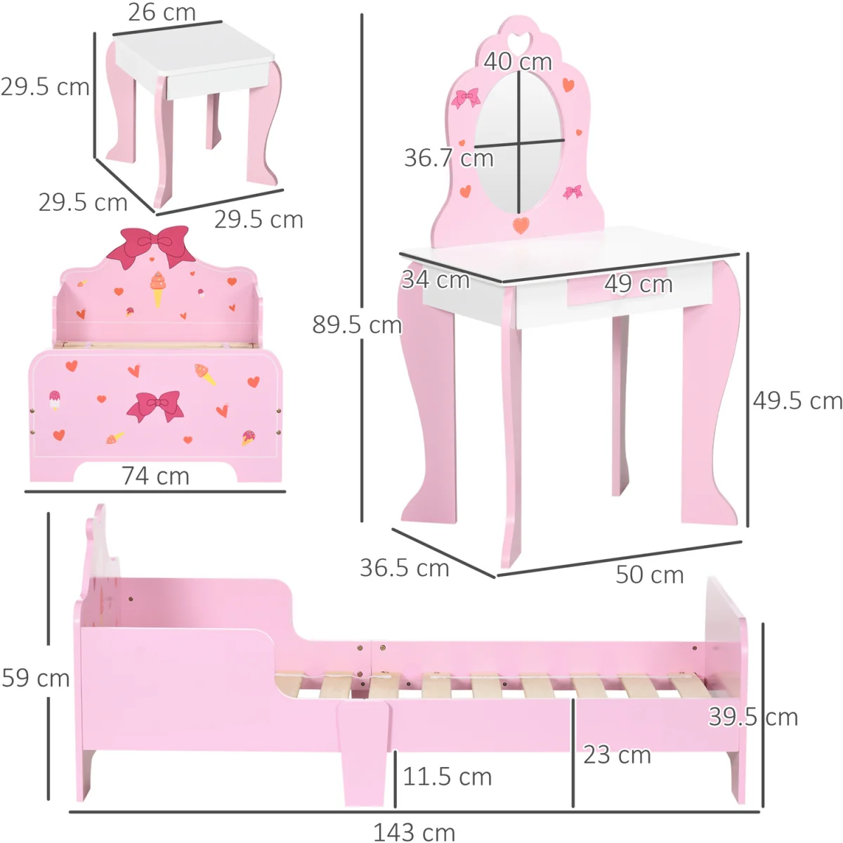 ZONEKIZ 3PCs Kids Bedroom Furniture Set Princess Themed for Ages 3-6 Pink - Pink – image 4