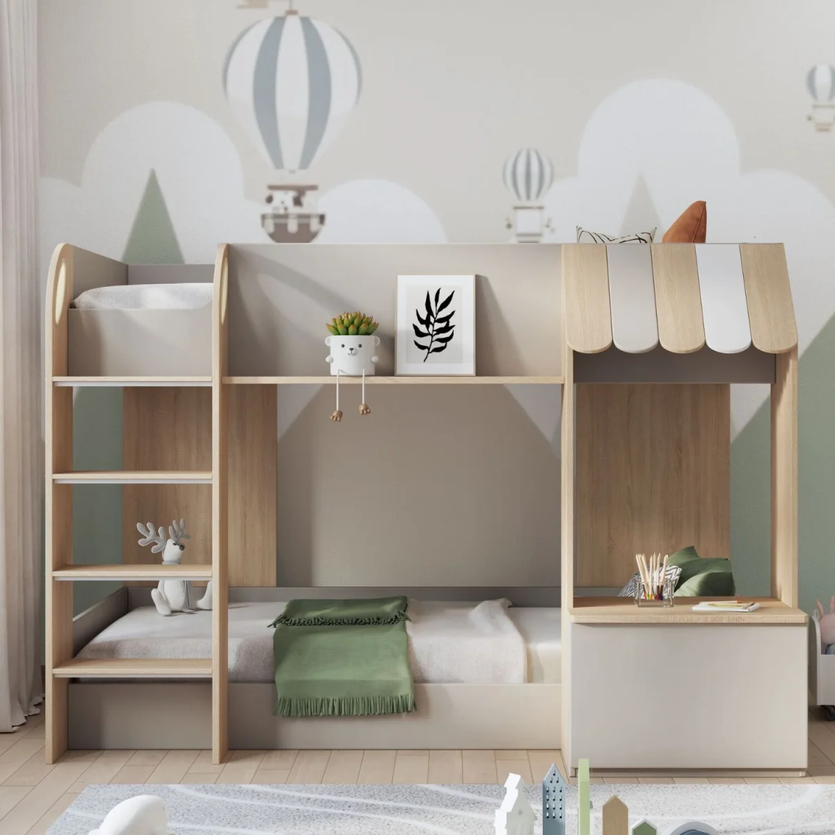 Babyfair Shop-Front Bunk Bed with Desk, Storage Shelves & Ladder - White – image 2