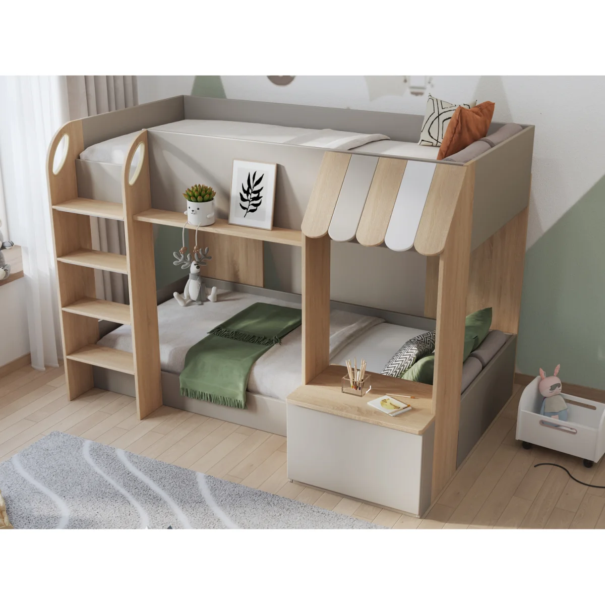 Babyfair Shop-Front Bunk Bed with Desk, Storage Shelves & Ladder - White – image 3
