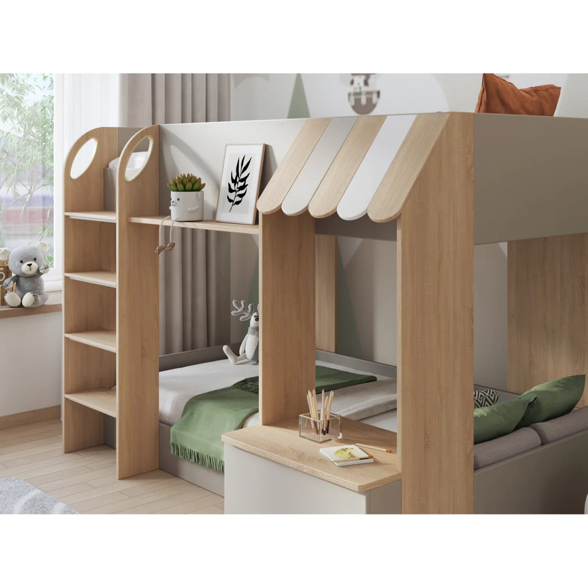 Babyfair Shop-Front Bunk Bed with Desk, Storage Shelves & Ladder - White – image 4
