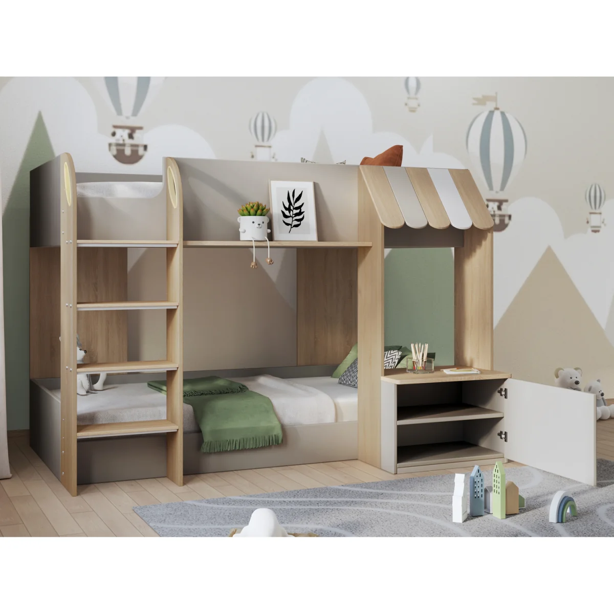 Babyfair Shop-Front Bunk Bed with Desk, Storage Shelves & Ladder - White – image 5