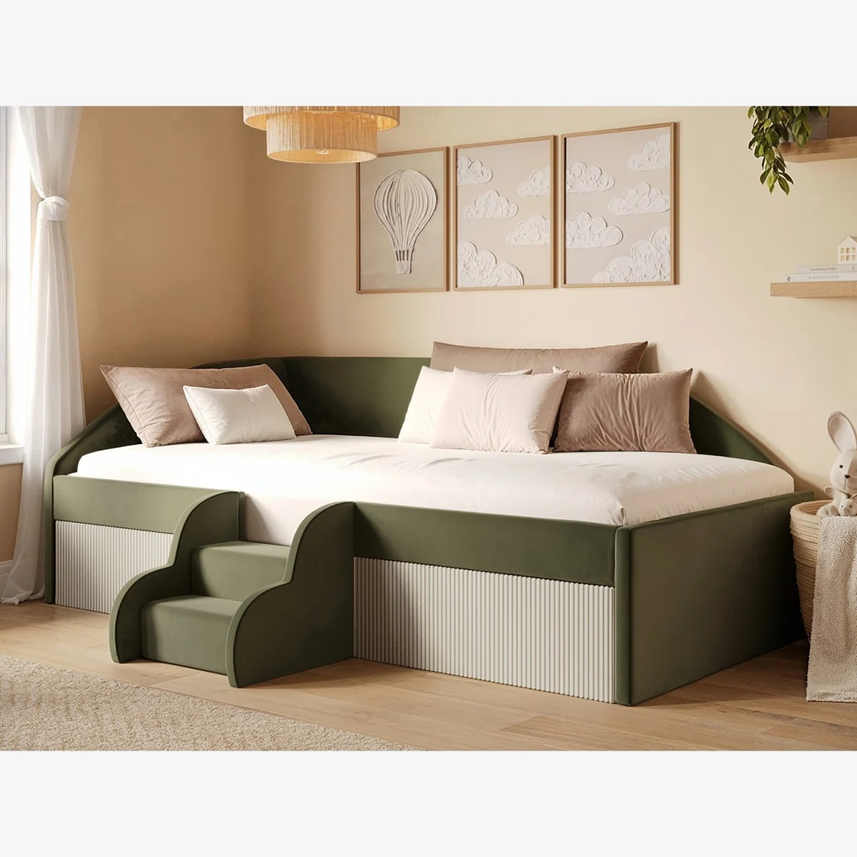 Aviana Velvet Low Sleeper Bed with Beige Cord - Green