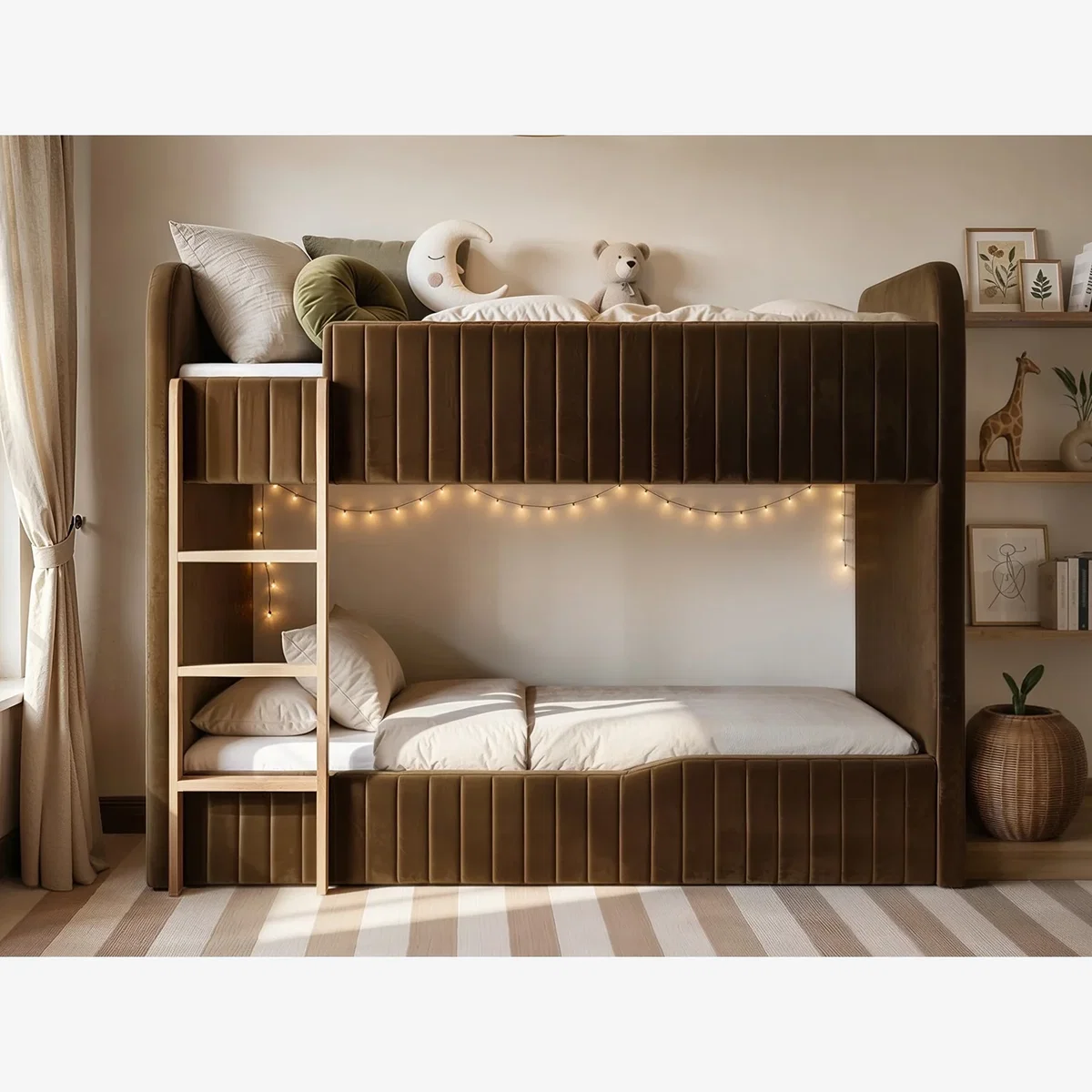 Venna Single Upholstered Bunk Bed with Wooden Ladder - Brown