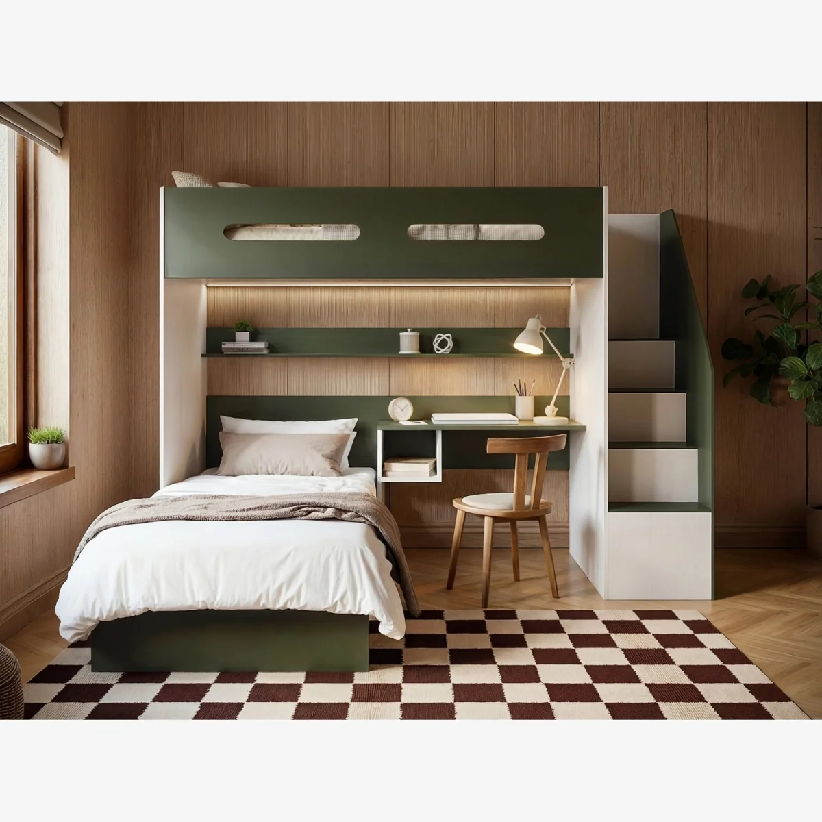 Alpha Staircase L Shaped Bunk Bed with Desk - Green