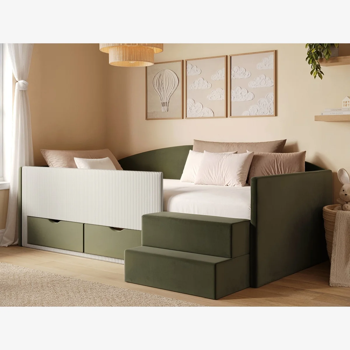 Elisa Velvet Storage Low Sleeper Bed with Beige Cord - Green