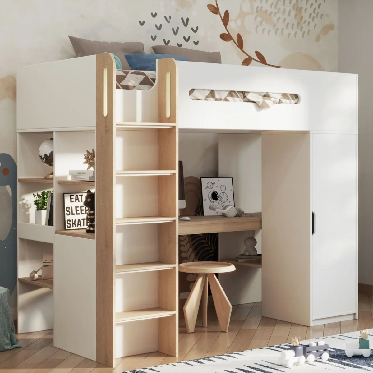 Babyfair High Sleeper All-in-One Loft Bed with Desk, Wardrobe & Storage - White – image 2