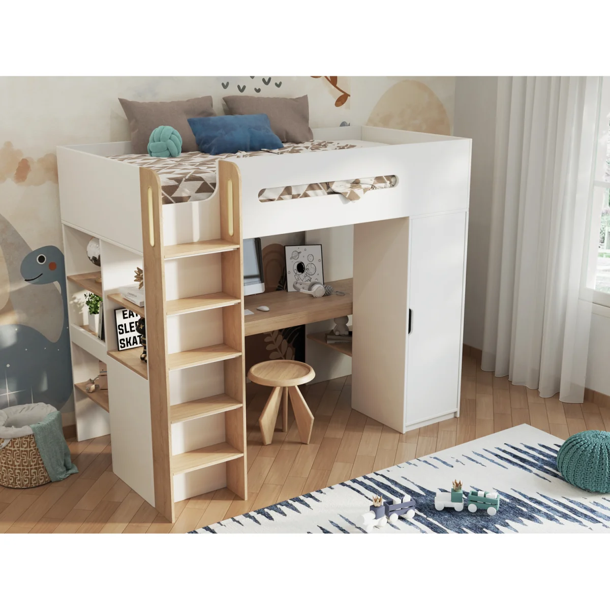 Babyfair High Sleeper All-in-One Loft Bed with Desk, Wardrobe & Storage - White – image 3