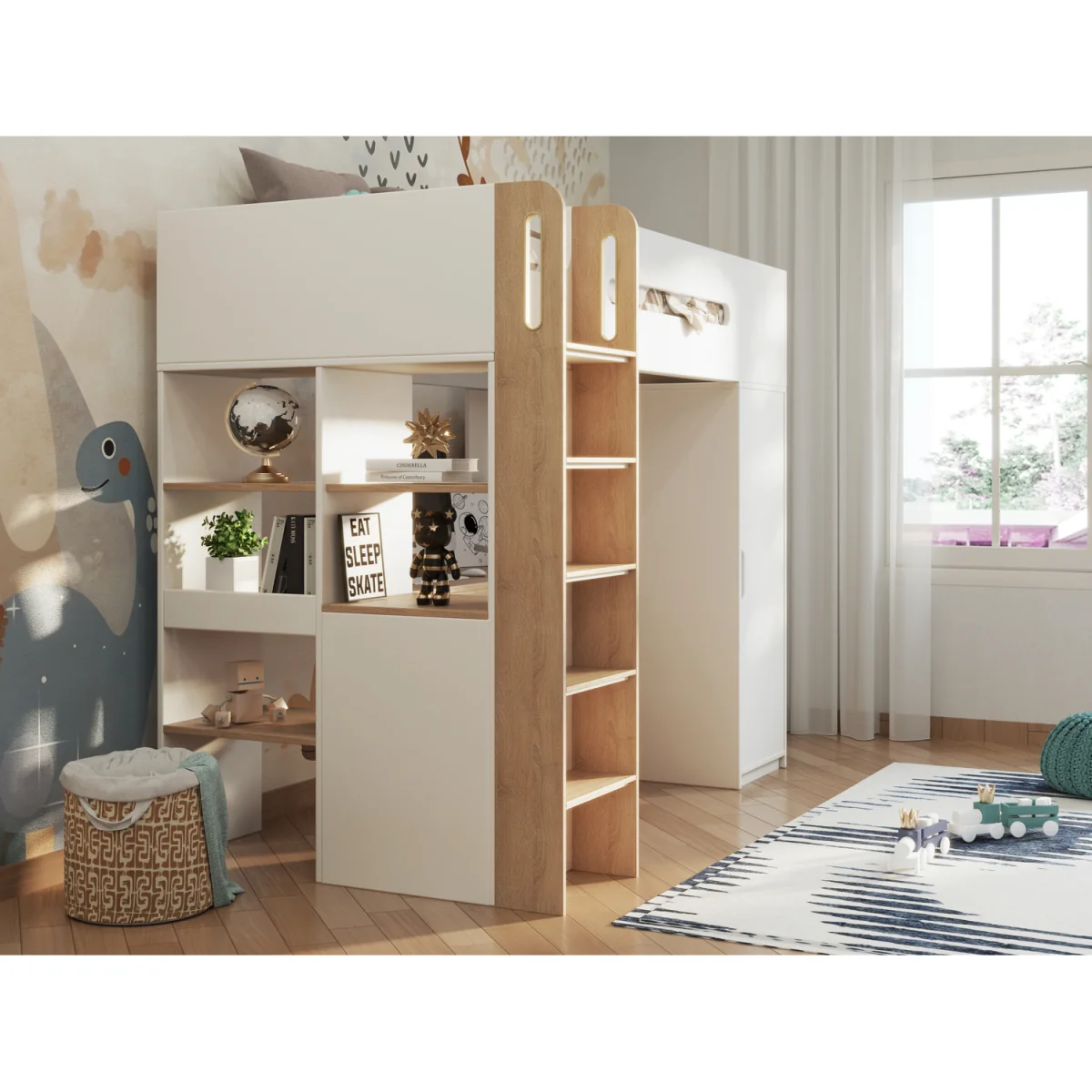 Babyfair High Sleeper All-in-One Loft Bed with Desk, Wardrobe & Storage - White – image 4