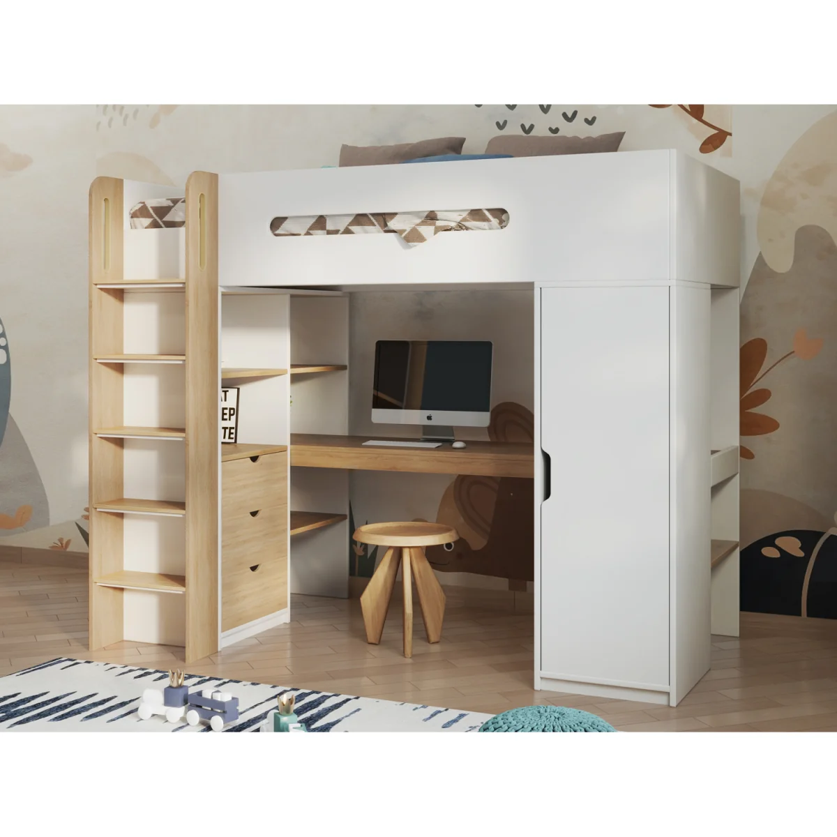 Babyfair High Sleeper All-in-One Loft Bed with Desk, Wardrobe & Storage - White – image 5