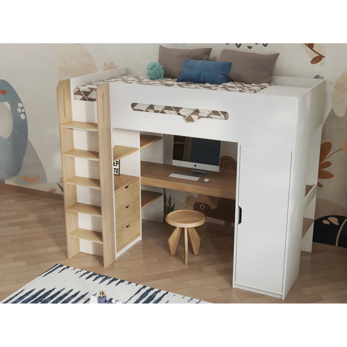 Babyfair High Sleeper All-in-One Loft Bed with Desk, Wardrobe & Storage - White – image 6