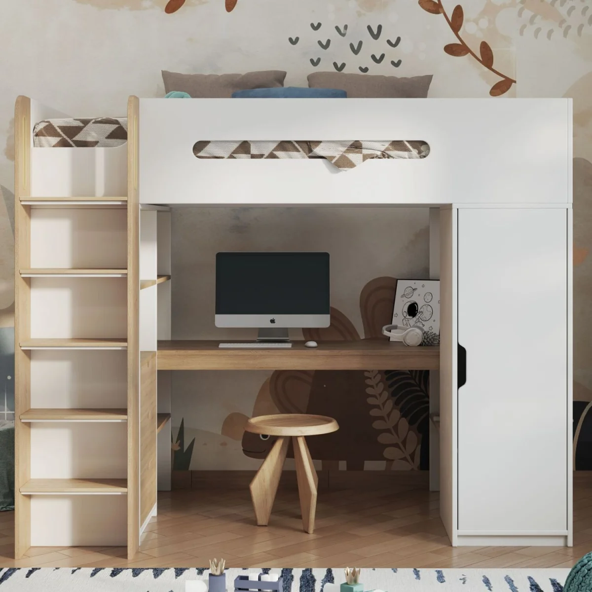 Babyfair High Sleeper All-in-One Loft Bed with Desk, Wardrobe & Storage - White – image 1