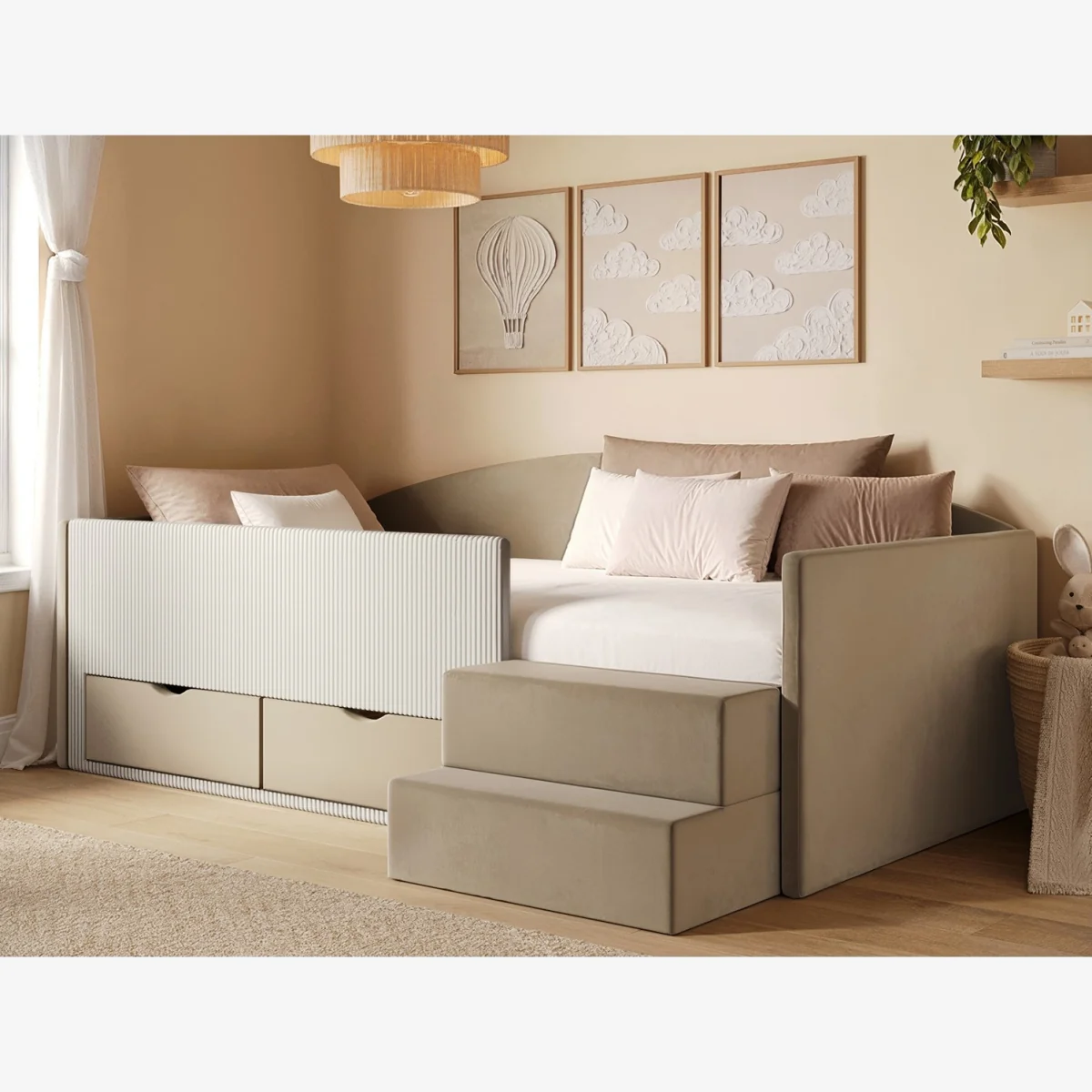 Elisa Velvet Storage Low Sleeper Bed with Beige Cord - Beige