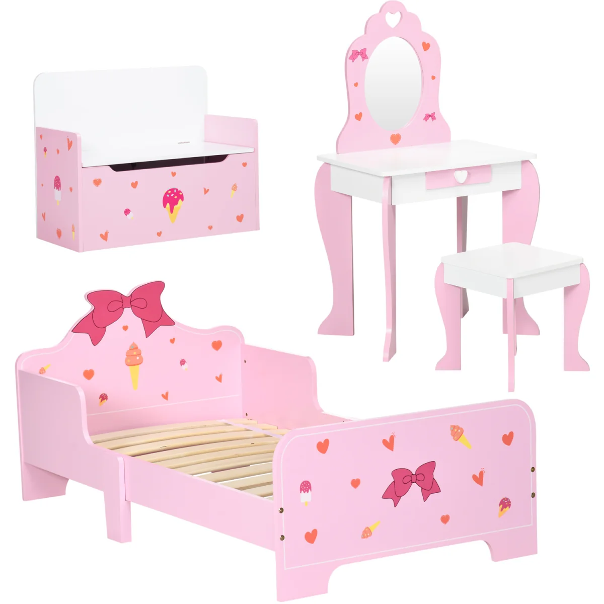 ZONEKIZ 4PCs Kids Bedroom Furniture Set with Bed Toy Box Bench for 3-6 Pink - Pink – image 3