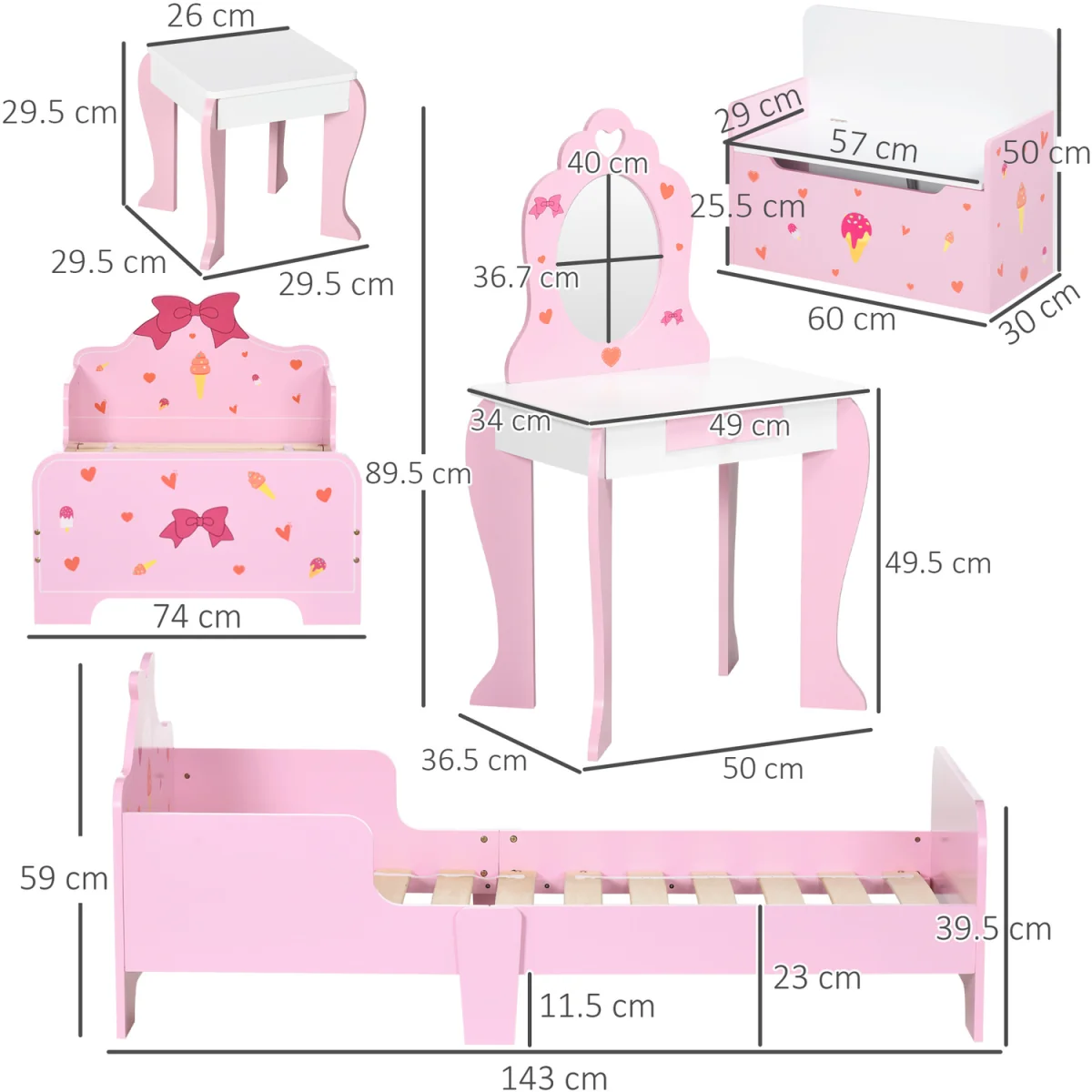 ZONEKIZ 4PCs Kids Bedroom Furniture Set with Bed Toy Box Bench for 3-6 Pink - Pink – image 4
