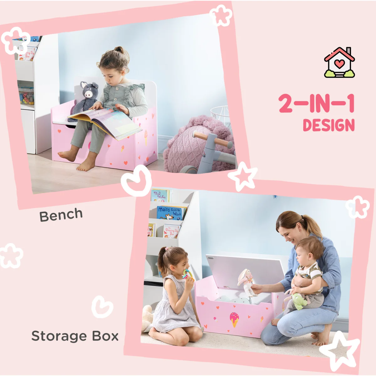 ZONEKIZ 4PCs Kids Bedroom Furniture Set with Bed Toy Box Bench for 3-6 Pink - Pink – image 7