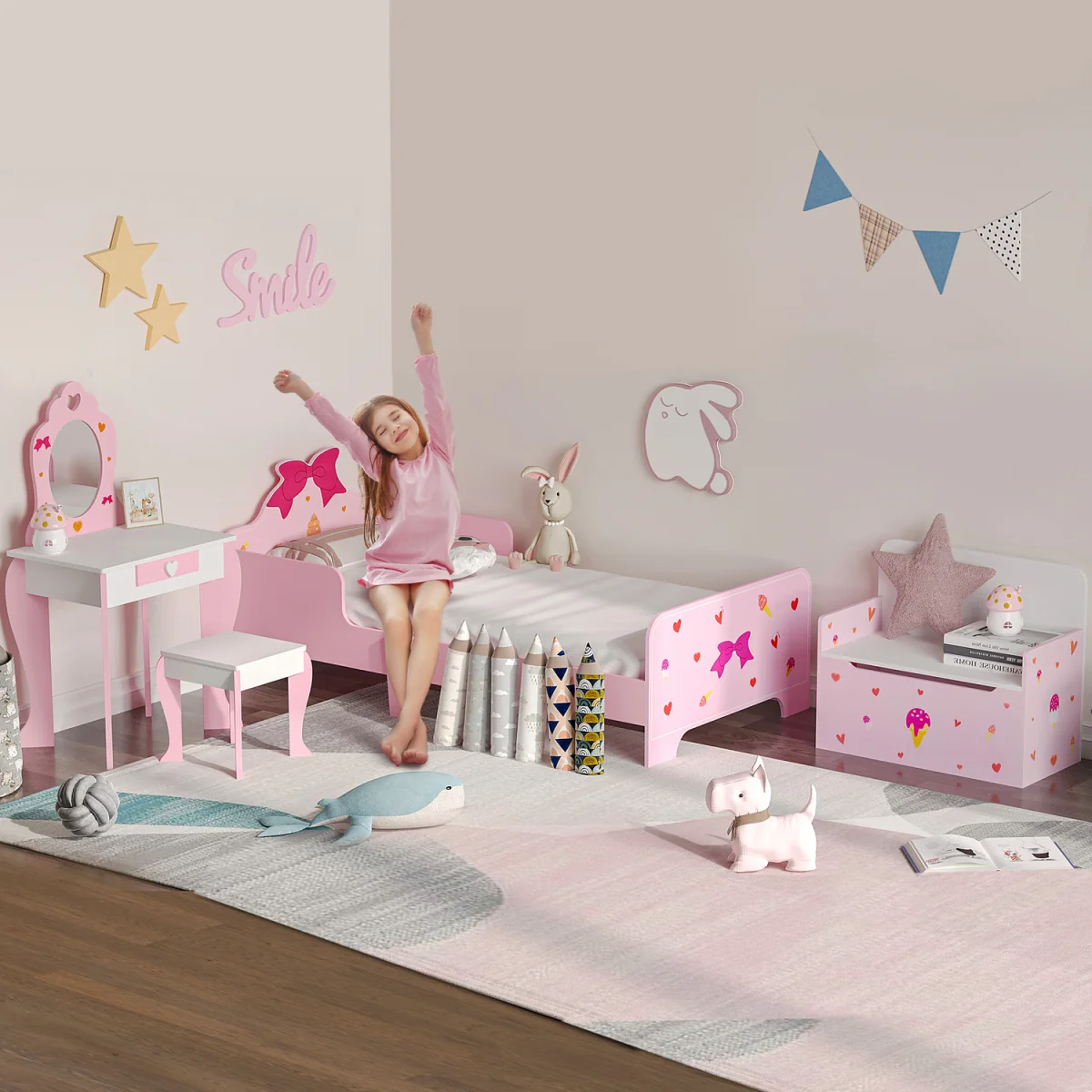ZONEKIZ 4PCs Kids Bedroom Furniture Set with Bed Toy Box Bench for 3-6 Pink - Pink – image 1