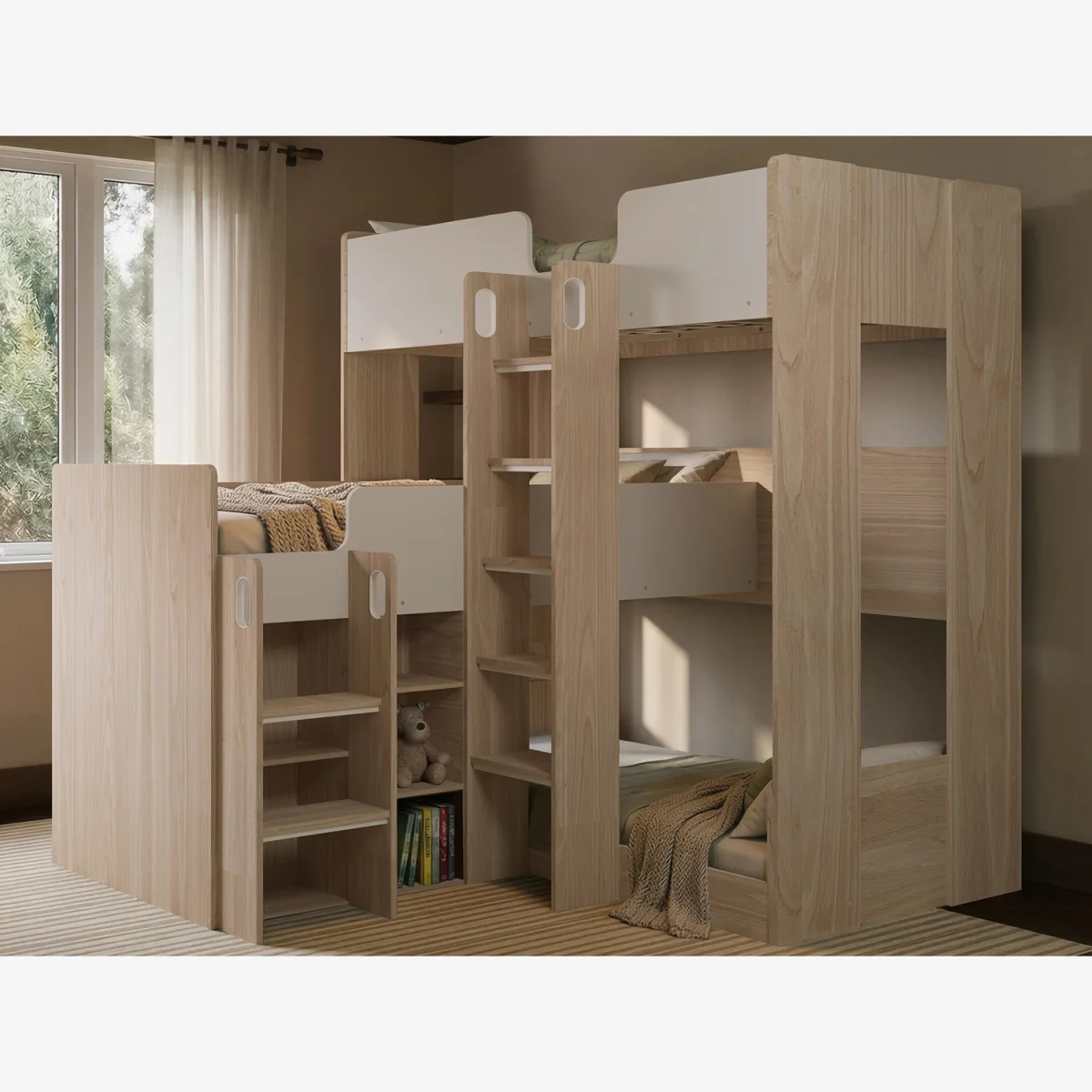 Bode L-Shaped Triple Bunk Bed with Storage Shelves - Oak