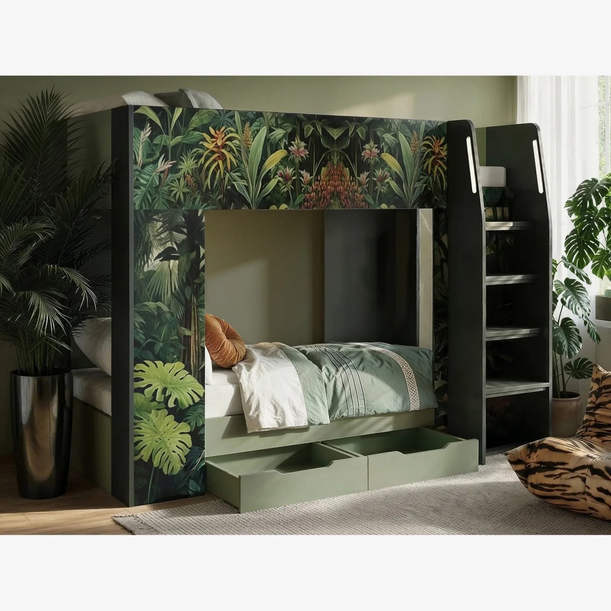 Lorith Jungle Bunk Bed with Drawers - Green