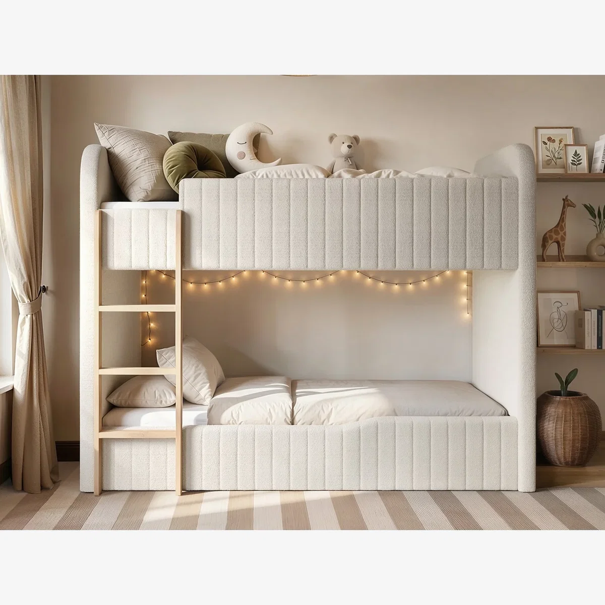 Venna Single Upholstered Bunk Bed with Wooden Ladder - Beige
