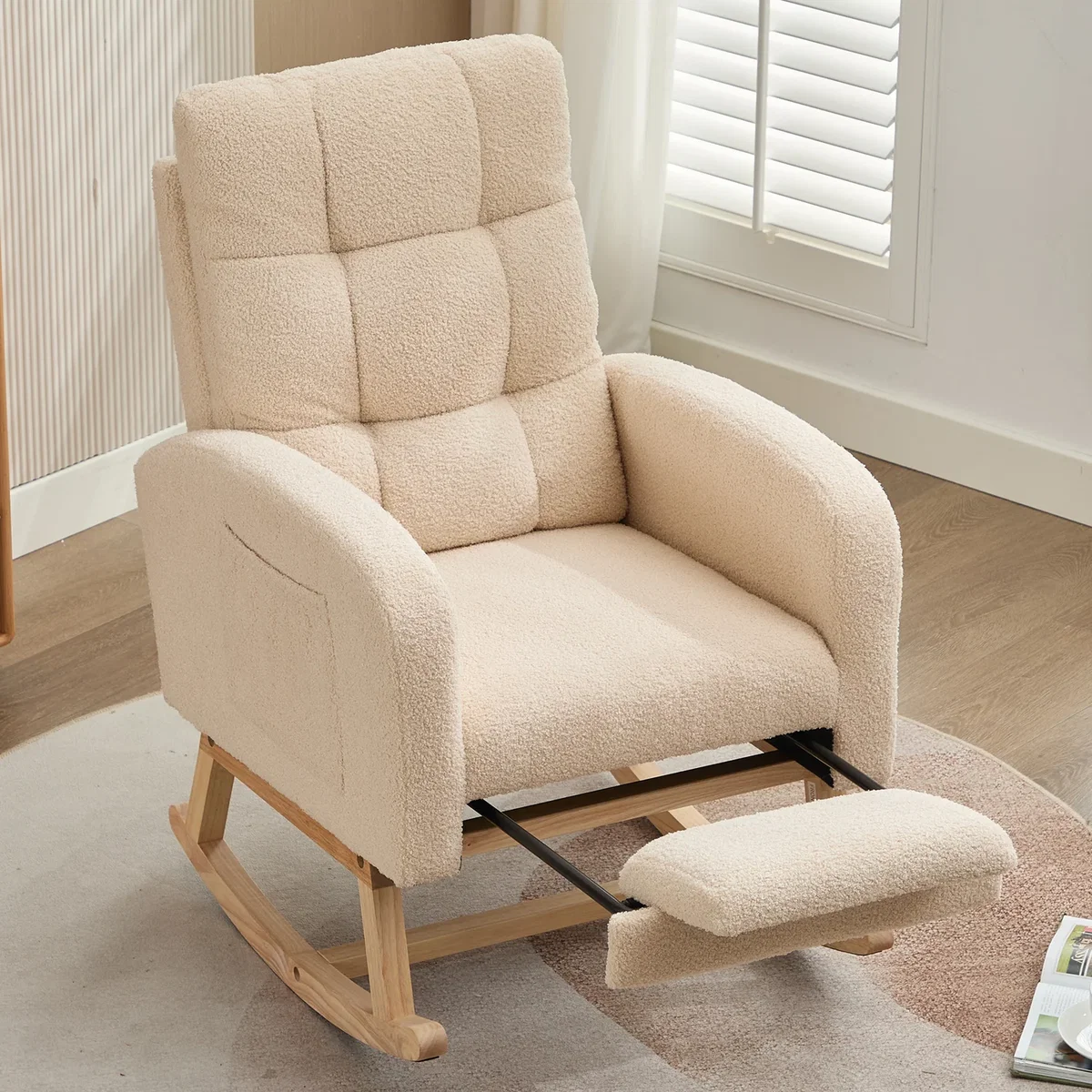 Bouclé Rocking Chair with Adjustable Footrest and Solid Wood Legs, Beige - Cream – image 1