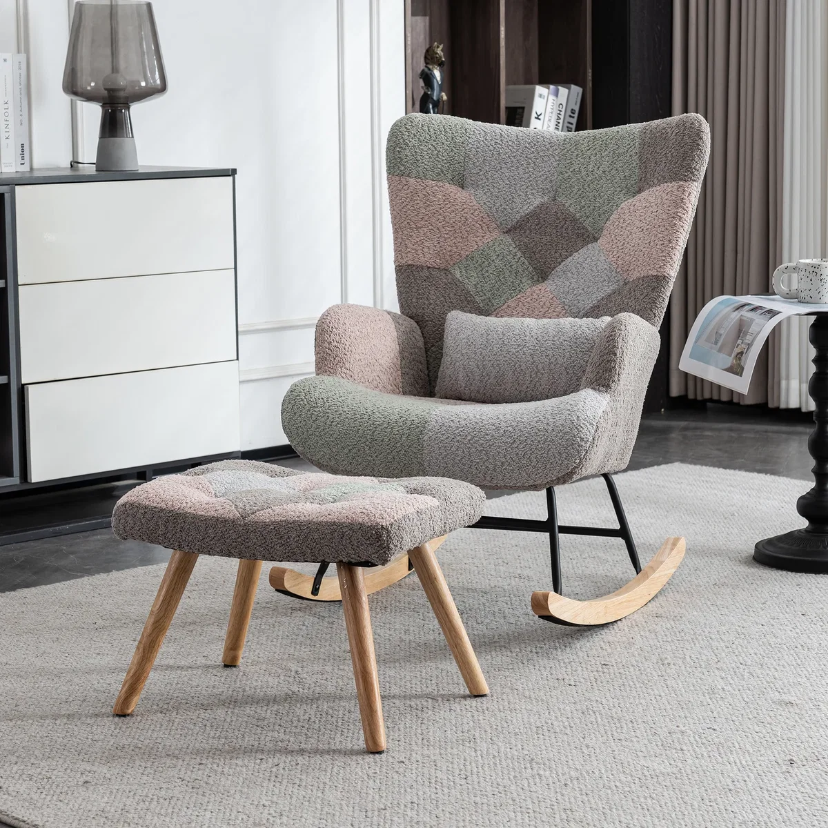 Rocking Chair with Ottoman, Pillow and Solid Wood Legs, Multicolour - Multicolour – image 2