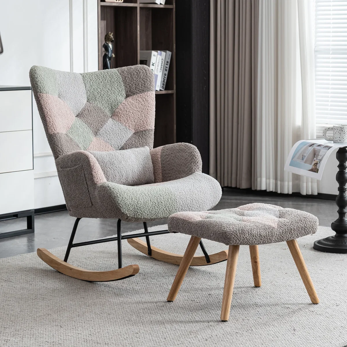 Rocking Chair with Ottoman, Pillow and Solid Wood Legs, Multicolour - Multicolour – image 3